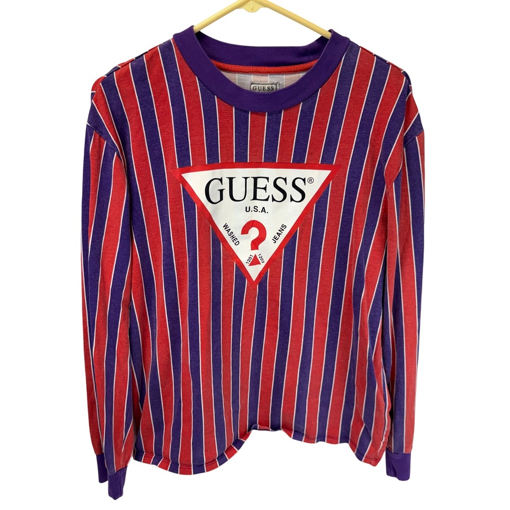 Guess Striped Long Sleeve T-Shirt Mens Small Red Purple Triangle Logo Graphic